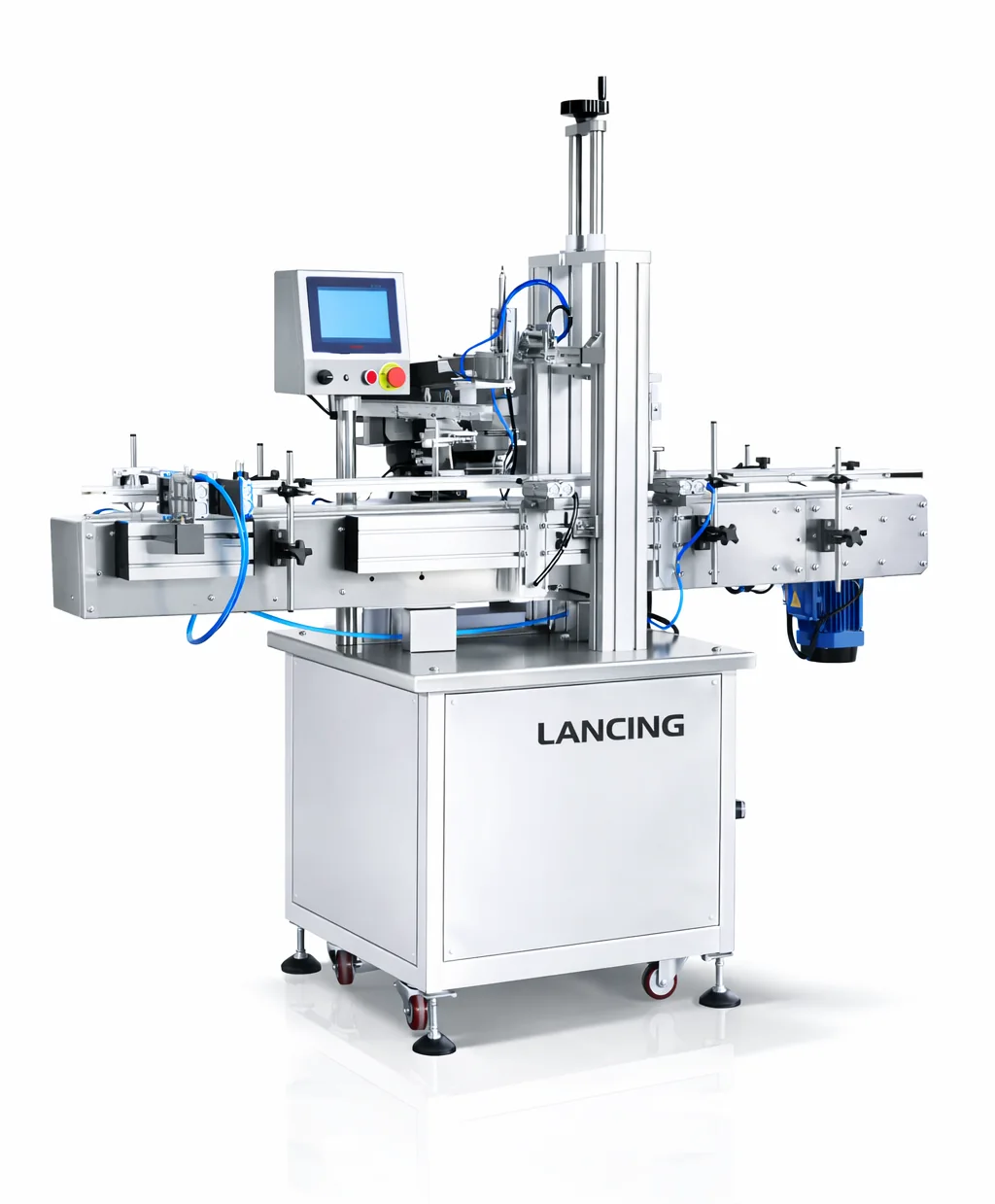 Automatic bottle cap pressing machine with cap feeder