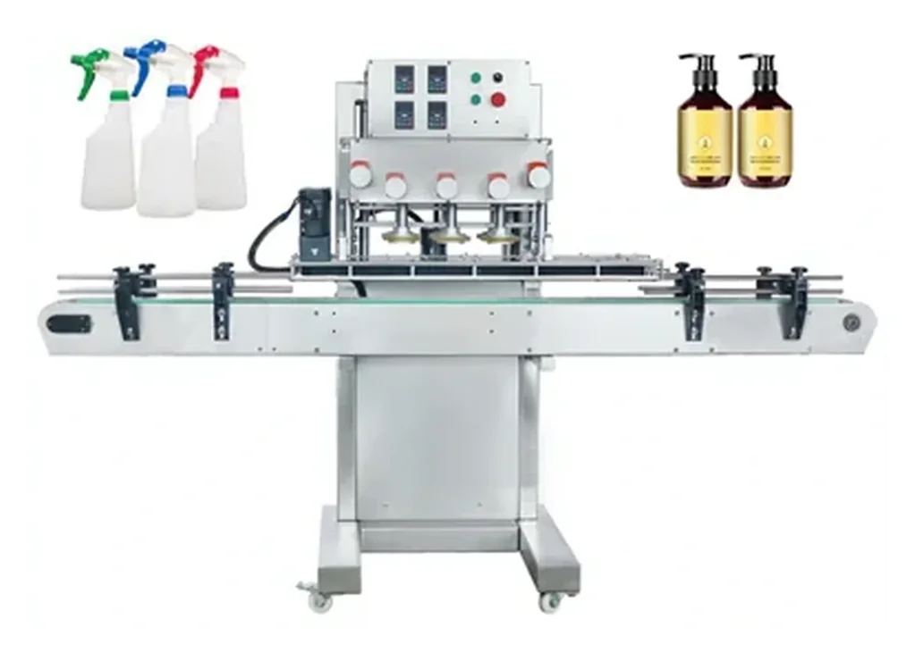 Inline automatic screw capping machine for sprays pumps and screw caps